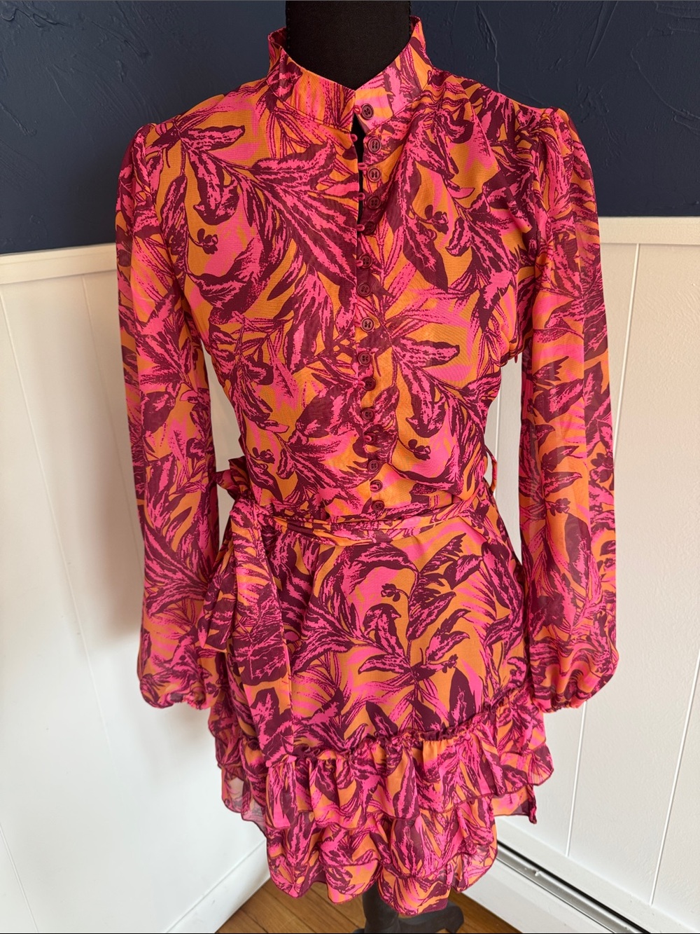 Women's Pink and Orange Printed Wrap Dress